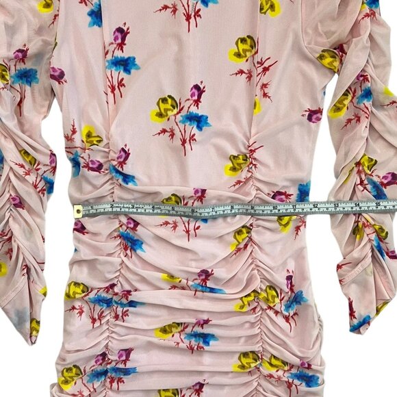 Ganni Floral Ruched Long Sleeve Stretch Mesh Bodycon Mini Dress Pink EU 36 US 4 - Picture 14 of 16